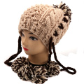 Hand Knit Hat Earflap with Pompom Women Children Adult Sizing